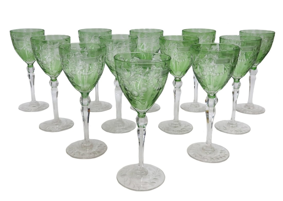 12 French Hand Blown Green Cut to Clear Wine Goblets Floral Swags (1 of 5)