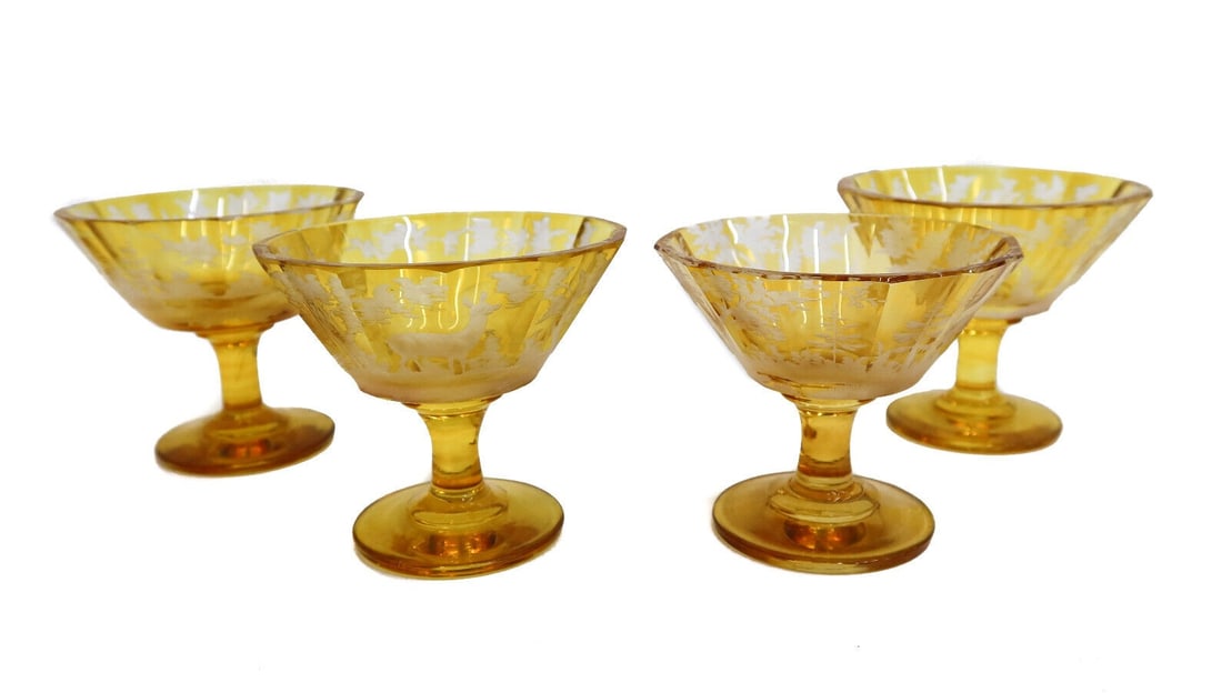 4 Bohemian Amber Cut to Clear Glass Marini Liquor Goblets Fauna Scene c1900 (1 of 5)