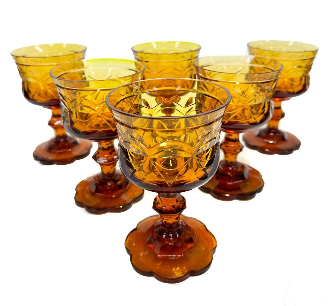 6 Bohemian Amber Gold Cut Glass 8 ounce Water Goblets, 19th Century (1 of 7)