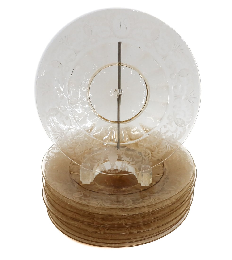 11 Venetian Amber Cut Glass Engraved Dessert Plates circa 1940 (1 of 4)