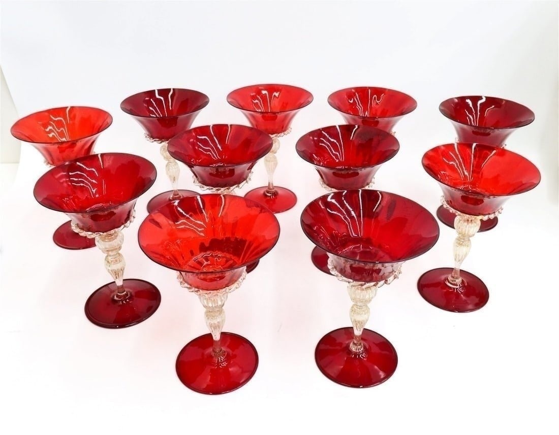 11 Red Ventian Wine Goblets - 2
