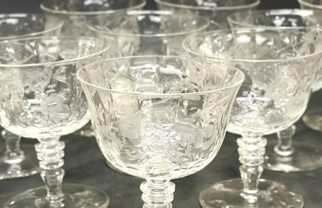 10 Cut Glass Wine Goblets Florals and Leaves - 2