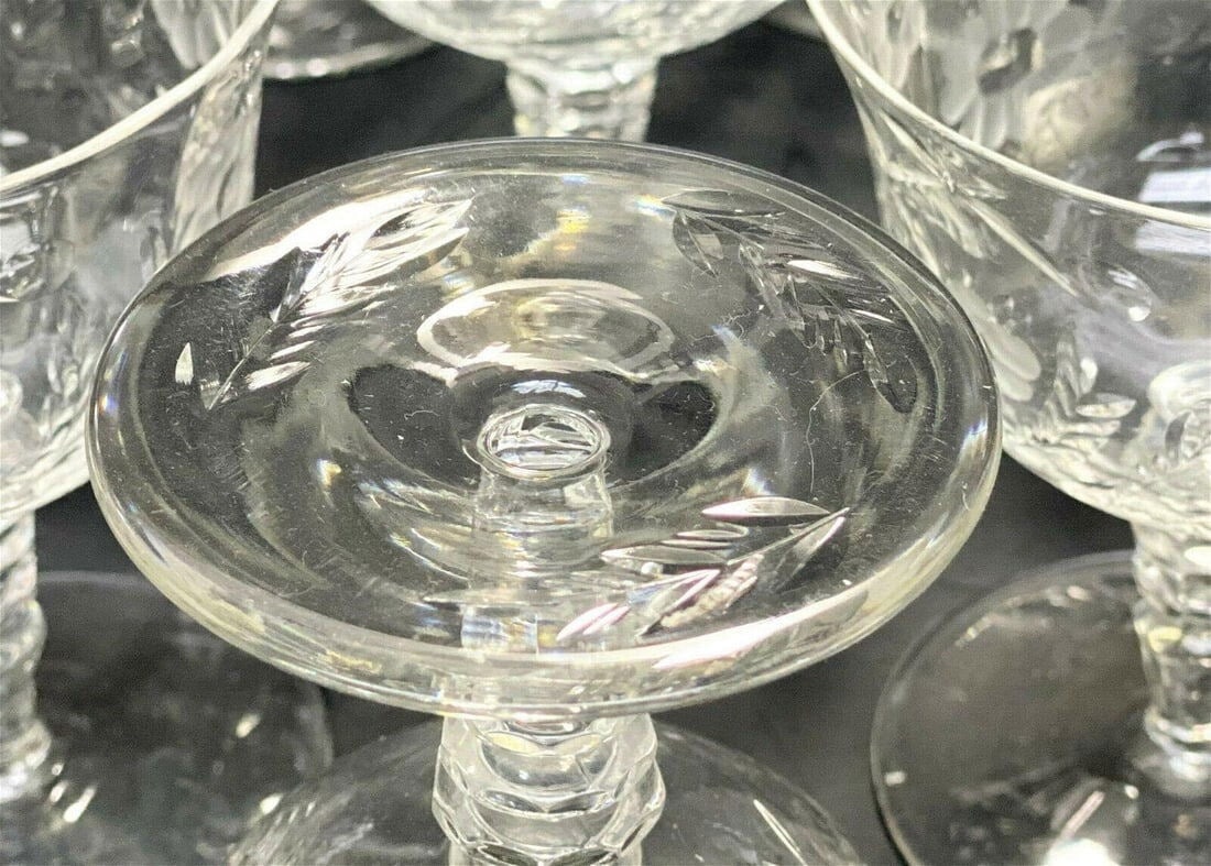 10 Cut Glass Wine Goblets Florals and Leaves - 3