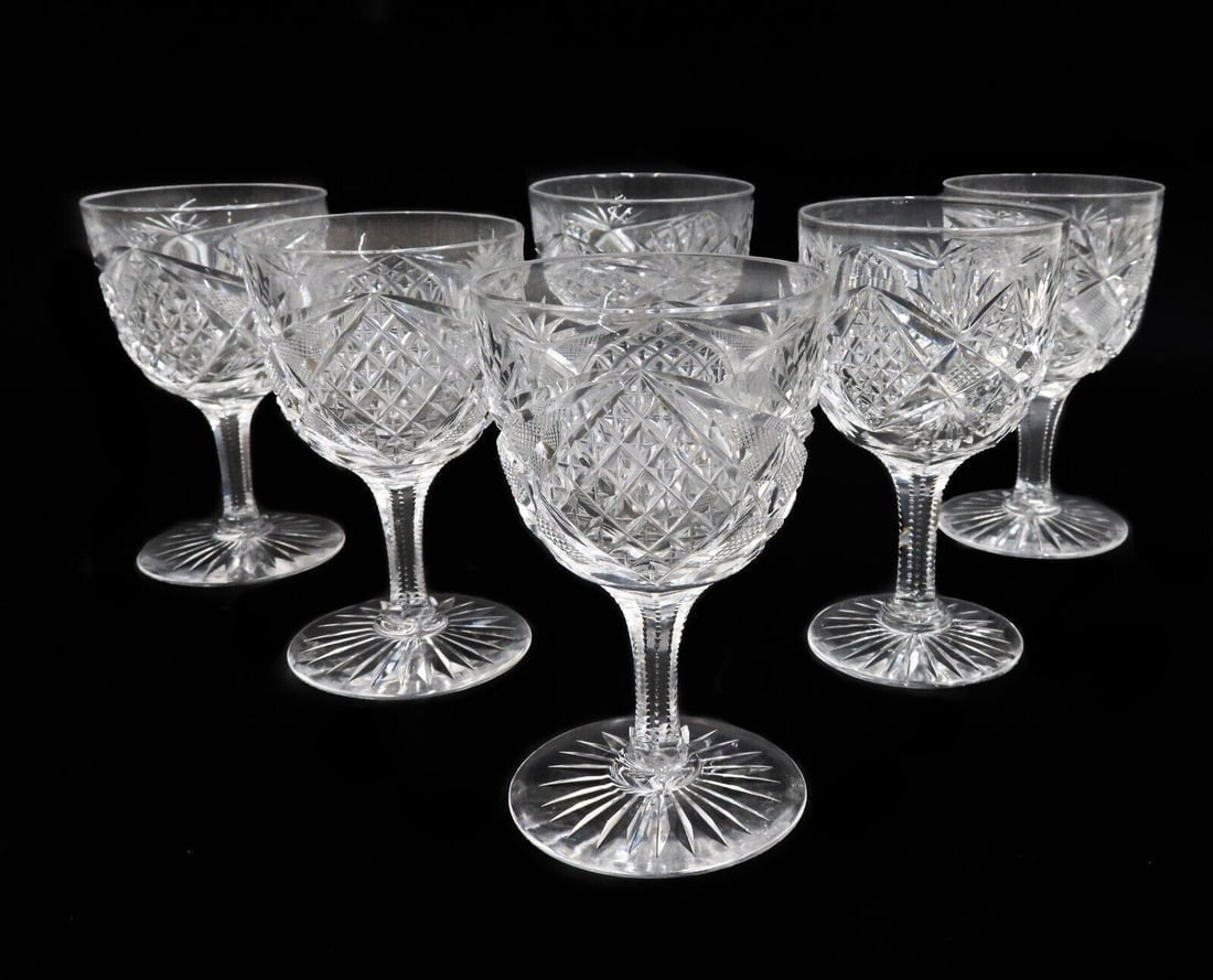 6 Saint Louis Cut Glass Wine Goblets 1st Half 20th Century: 6 Attributed to Saint Louis Cut Glass Wine Goblets 1st Half 20th Century. Cut glass diamonds and pineapple fans similar to Saint Louis' Florence Pineapple pattern Weight: Approx. 4 lbs Measurements: