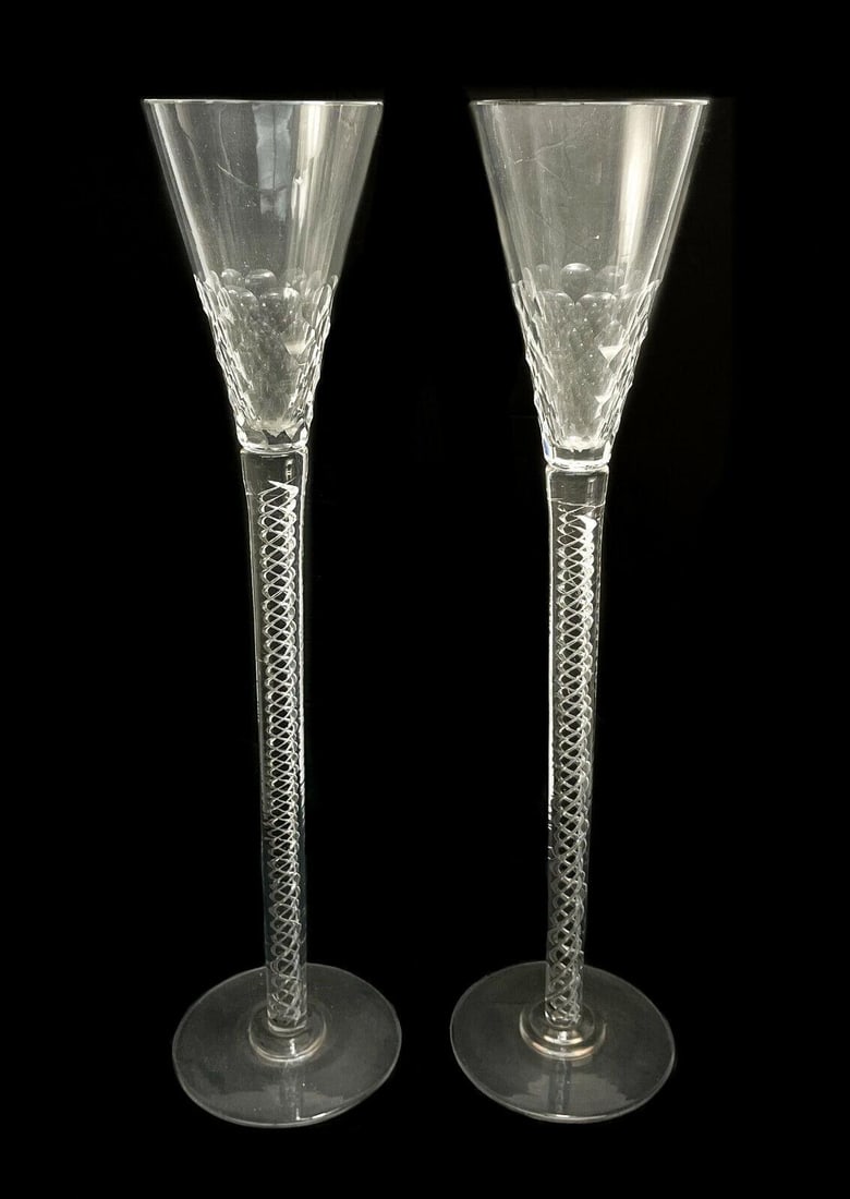 Pair English 17.75 inch Long Stem Wine Goblets, Air Twist Stem (1 of 6)