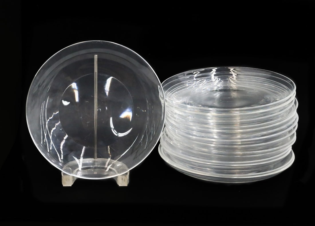 15 Steuben Colorless Crystal Glass 8.25 inch Plates Signed: 15 Steuben colorless crystal glass 8.25 inch plates, signed. Marked "Steuben" to underside edge. Weight: Approx. 20 lbs Measurements: Approx. 8.25 inches diameter Condition: Good condition. Moderate s