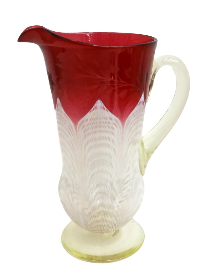 Durand Art Glass Cranberry Red White and Yellow Pulled Feather Pitcher (1 of 9)