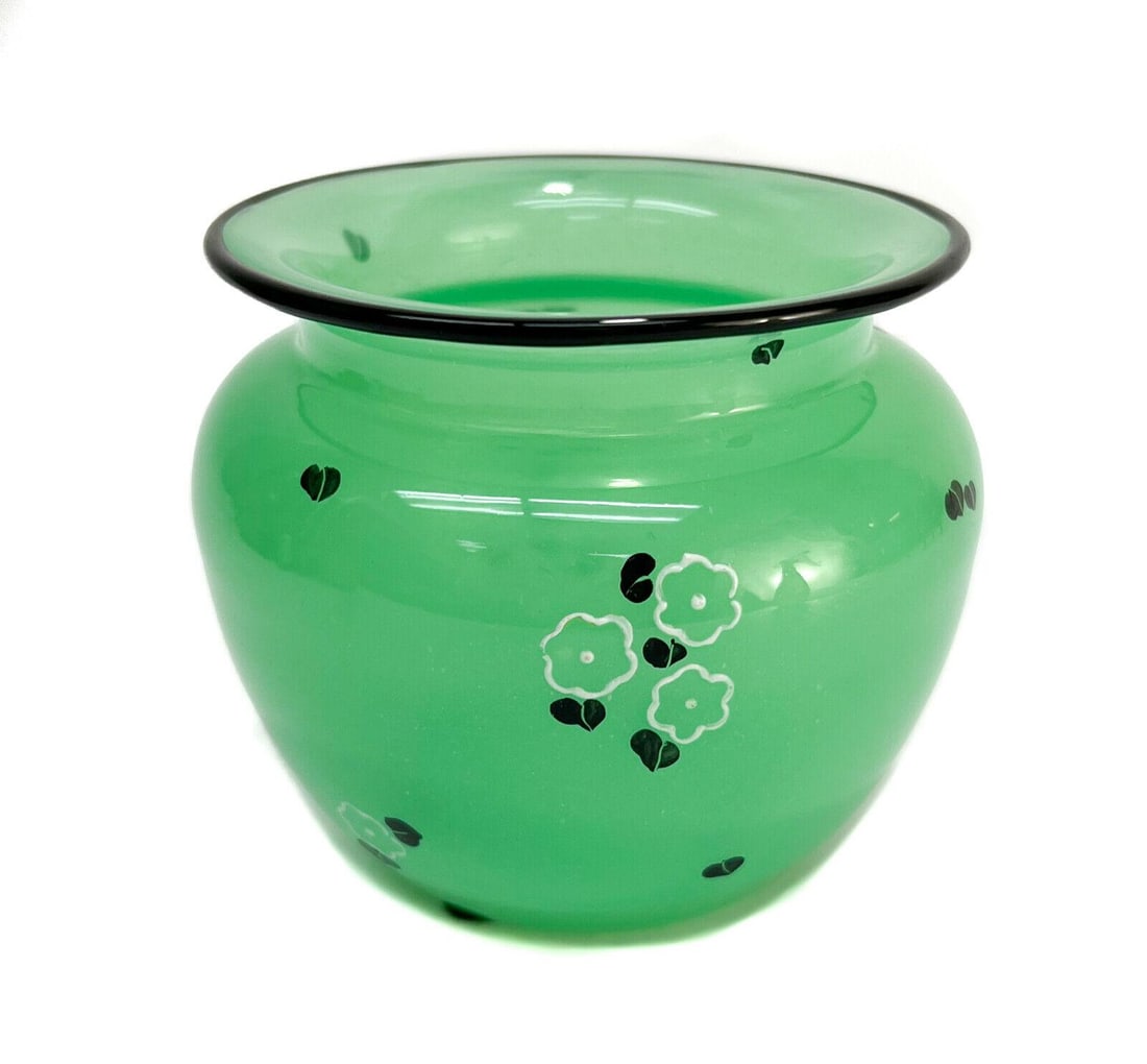 Loetz Austria Green Art Glass Vase by Michael Powolny, Enamel Florals: Loetz Austria green art glass vase by Michael Powolny. Enamel florals to exterior. Acid etched Czechoslovakia to underside Weight Approx., 0.5 lbs Measures Approx., 4.25 inches diameter x 3.75 inches
