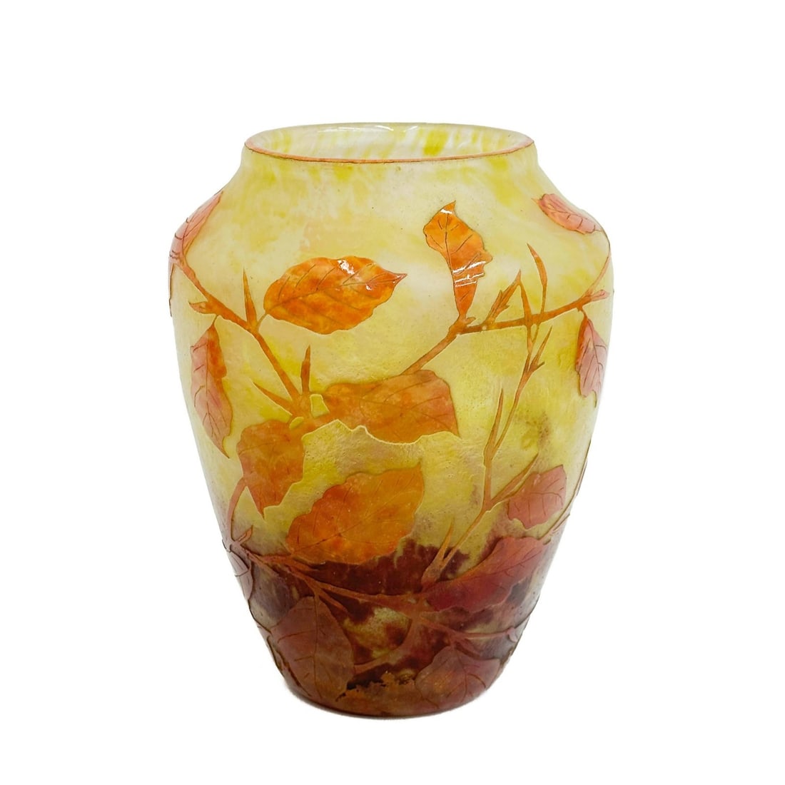 Daum Nancy France Acid Etched Cameo Art Glass 8 in Vase Leaves Signed c1900 (1 of 8)