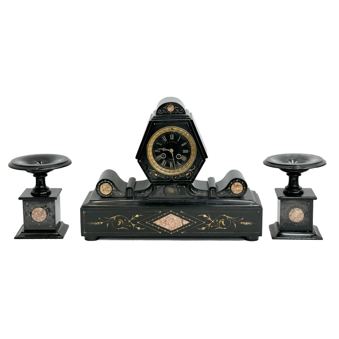 3 Piece French JH Kleyn La Haye Black Stone Marble Clock Garniture circa 1920 (1 of 10)