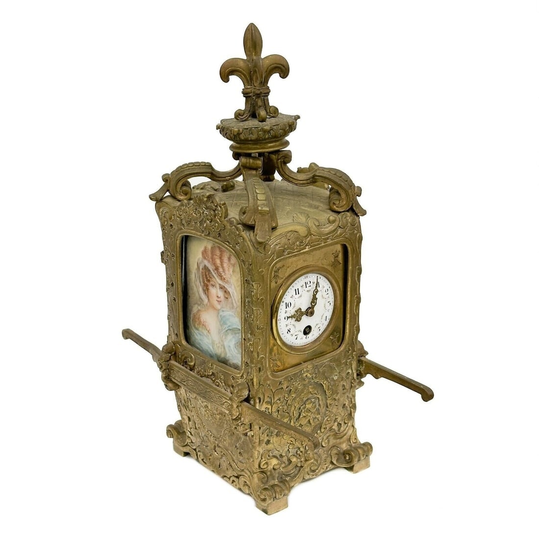 Sedan Chair Form Gilt Bronze Mantel Clock Watercolor Portraits circa 1900 (1 of 8)