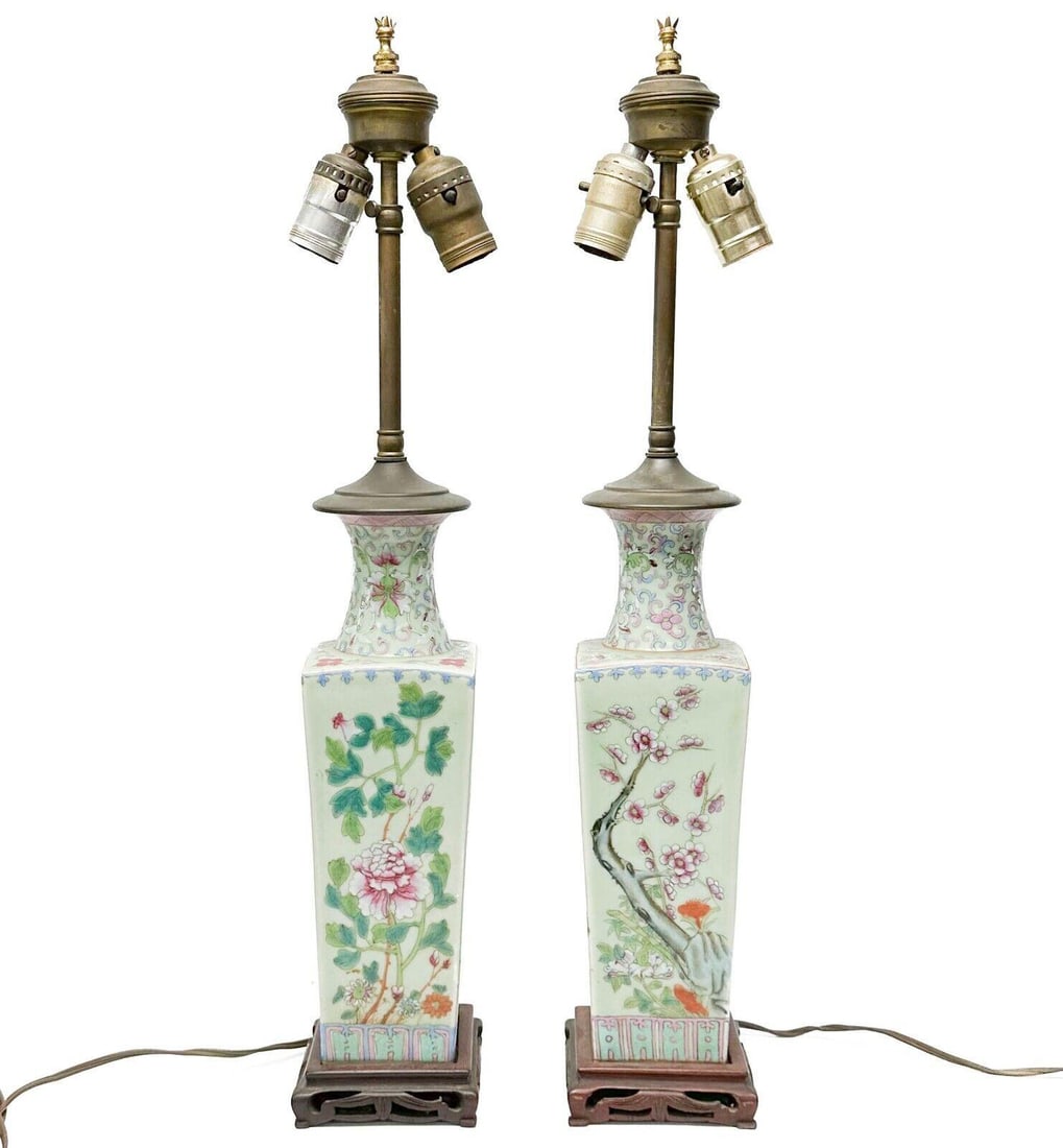 Pair Chinese Enameled Porcelain Vases Mounted as Lamps Florals (1 of 7)
