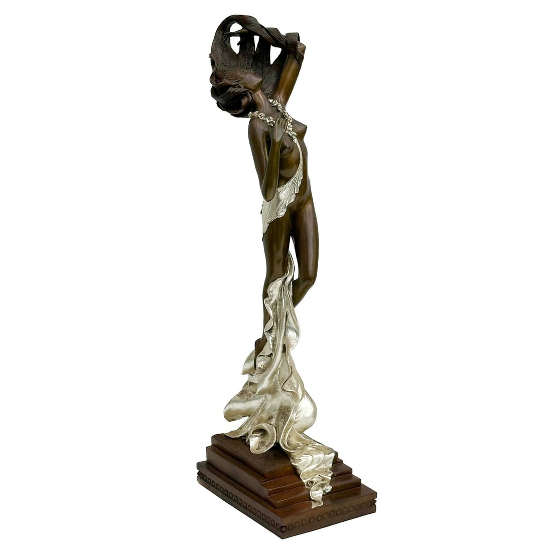 Angelo Basso Italian Primavera Patinated & Leafed Bronze Sculpture Ltd Ed/175: Angelo Basso (Italian, 1943-2011) "Primavera" Bronze Sculpture. Depicts a patinated bronze woman with white gold leafed dress. Lower edge signed "A Basso," numbered out of 175. Marked Fine Art Acquisi