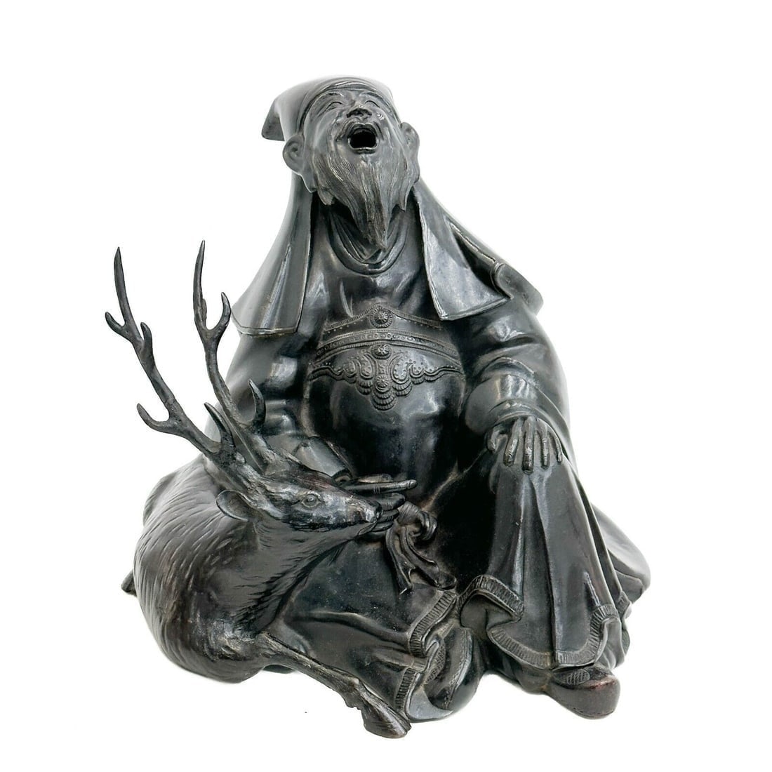 Japanese Bronze Okimono Sculpture Deity Jurojin with Deer Meiji period (1 of 6)