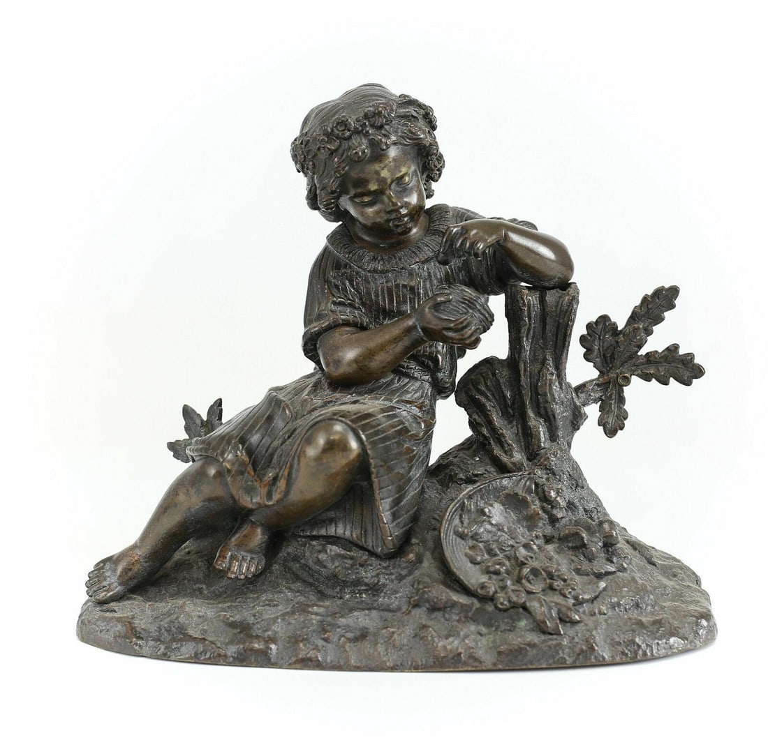 Bronze Figurative Sculpture Girl Bird Egg & Nest: Patinated bronze sculpture, girl with nest of birds of the nineteenth century unsigned. This beautiful Sculpture depicts a girl gently picking up an egg in a nest of birds with her basket of delicatel