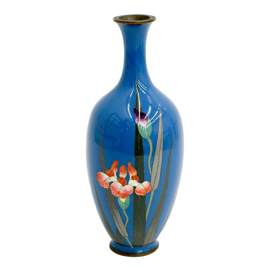Gonda Hirosuke Japanese Cloisonne Enamel Vase Iris Flowers Meiji Period: Gonda Hirosuke Japanese Cloisonne Enamel Vase, Meiji period. A blue ground decorated with iris flowers. Metal mounts. Underside with Gonda Hirosuke (1865-1937) marks Weight: Approx. .5 lb Measurements