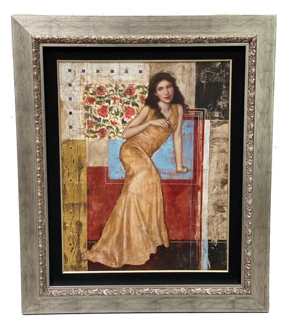 Francois Fressinier (French b.1968) Oil on Canvas, "Stolen Kiss" 2003: Francois Fressinier (French 20th Century) oil on canvas painting, "Stolen Kiss" Signed, 2003. The painting depicts a beauty a long gold dress lounging. Modernist blue and red squares to the backdrop w