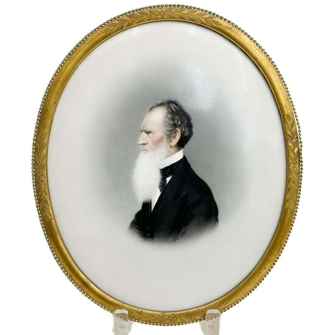 KPM Berlin Hand Painted Portrait Plaque of a Gentleman Framed 19th century: KPM Berlin Hand Painted Portrait Plaque. Oval shaped plaque depicts a portrait of a gentleman, back with impressed KPM marks. Mounted in a gilt bronze oval frame with floral accents. Weight: Approx. 2