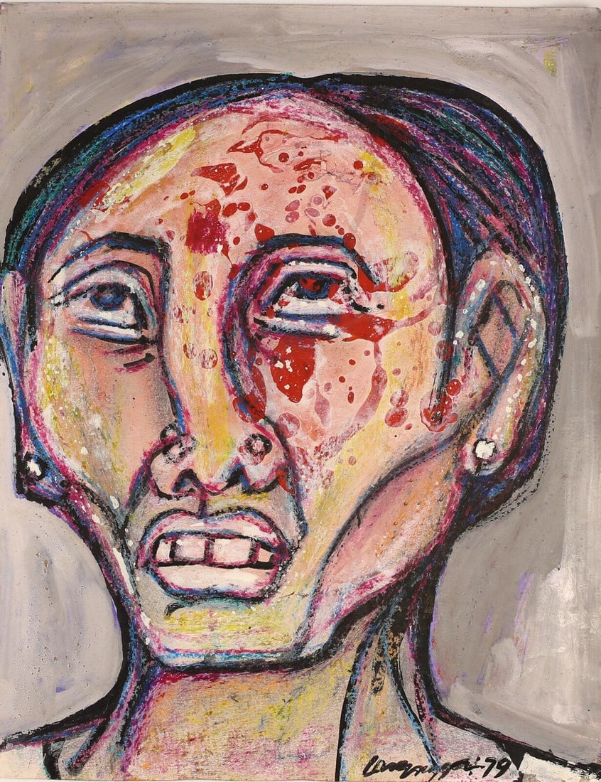 M Suriyamoorthy (Indian 1944) Ink & Crayon on Paper Portrait of a Man Signed (1 of 5)