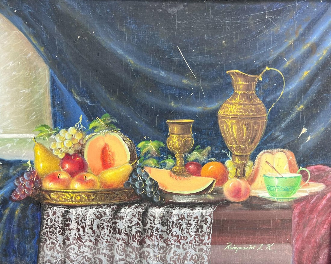 Johan K Reinprecht (Hungary 20th Century) Oil on Board Portrait Fruit Still Life: Johan K Reinprecht (Hungary 20th Century) oil on board Portrait Fruit Still Life. The portrait depicts a table of various fruit with ornate gilt drinkware. Signed to the lower right. In a gilt wood fr