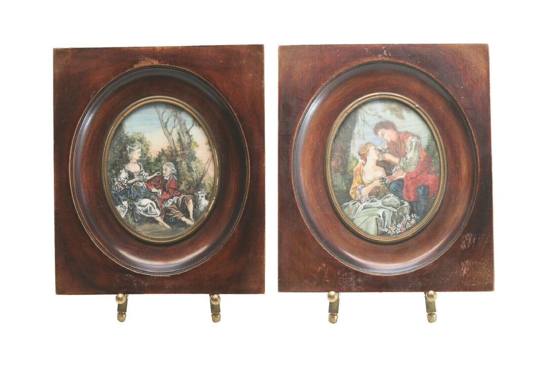 Pair Continental Hand Painted Miniature Courting Portraits, c.1900. (1 of 5)