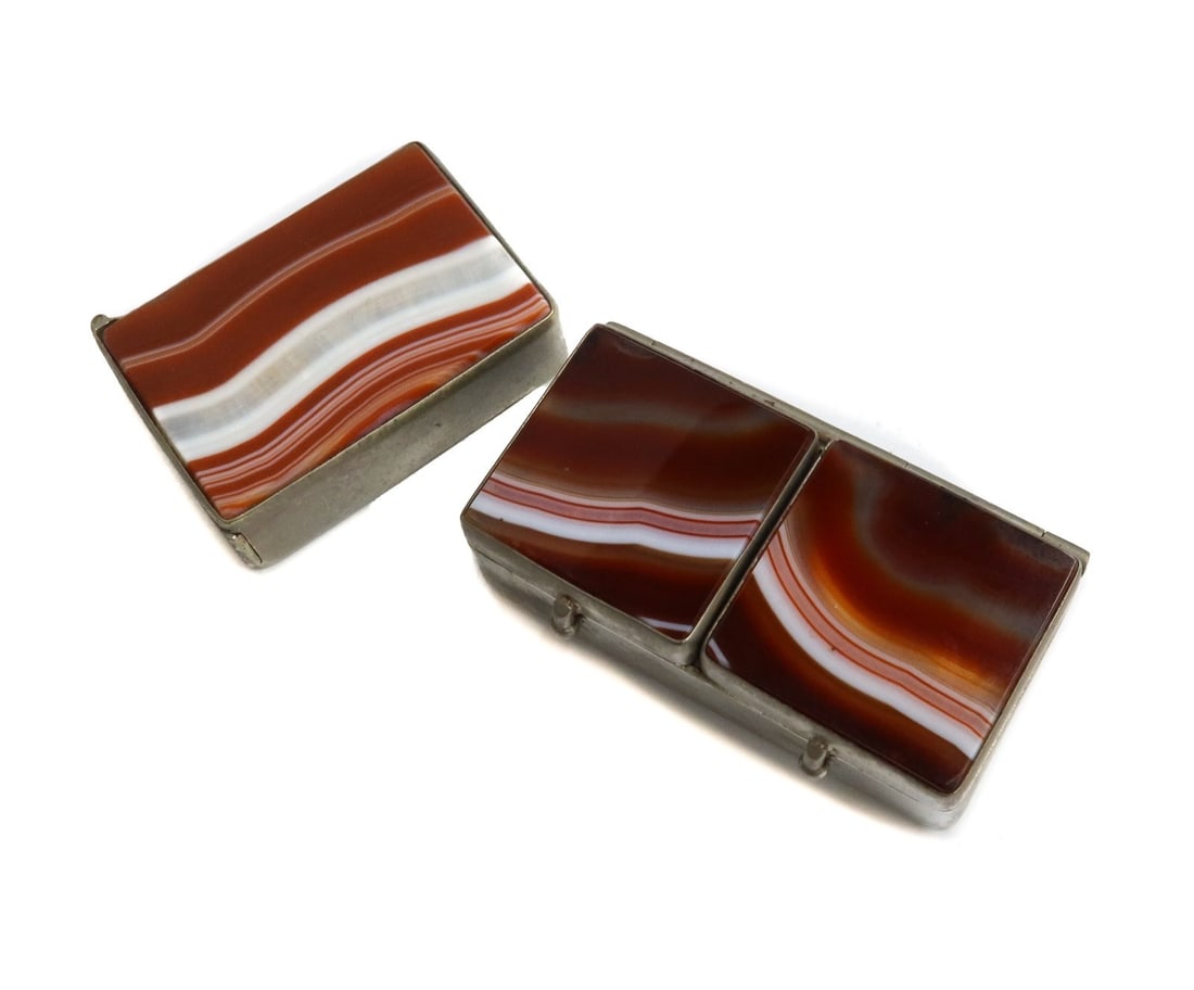 Pair Silvered Metal Banded Agate Match Box and Stamp Box 20th Century (1 of 6)
