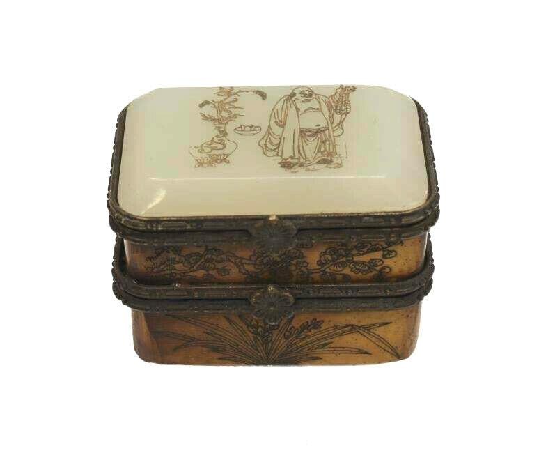 Chinese Jade Wood & Bronze Double Compartment Box: A Chinese carved wood or bone box with bronze mounts and carved inset white jade top. Dual stacked compartments. Circa 1900 or older. Measures Approx., 2.5 inches x 1.75 inches x 1.75 inches Domestic
