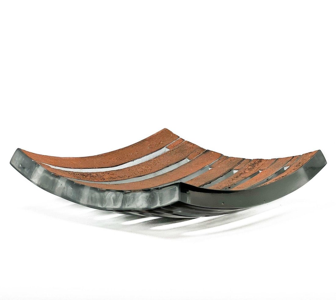 Paula Barton (b. 1946) Black Plate Sandcast Art Glass Sculpture, Signed: Paula Barton (b. 1946) Black Plate sandcast art glass sculpture, signed. Sandcast, fused, slumped and polished glass sculpture. Signed Paula Barton 1999 to the underside edge. Weight Approx., 34 lbs M