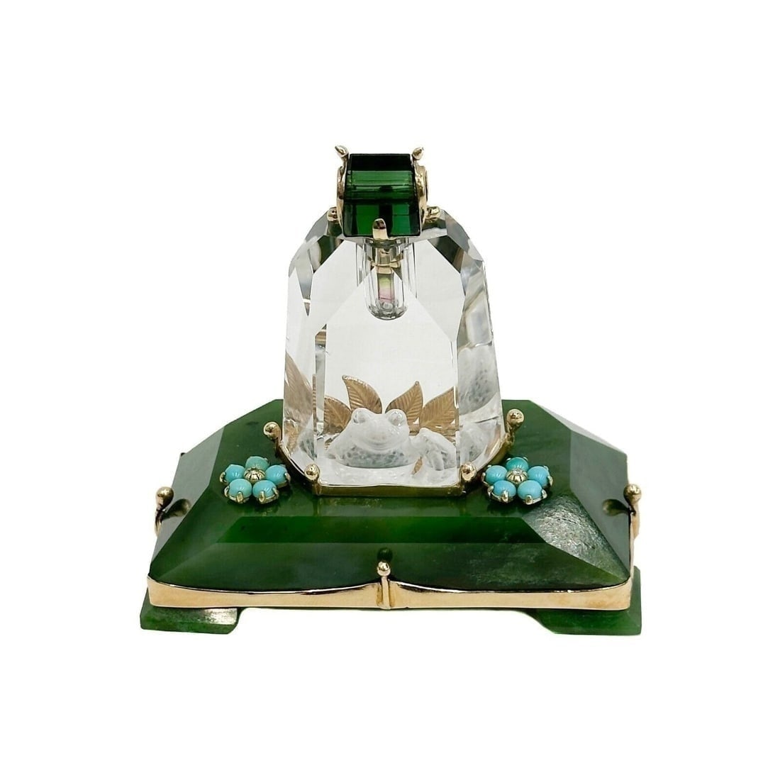 Michael Christie Susan Allen Crystal Jadeite 14k Gold Scent Bottle Frogs: Michael Christie & Susan Allen Scent Bottle. Jadeite base with turquoise and diamond flowers, rock crystal bottle with internally carved frogs. 14k gold mounts with sapphires, green tourmaline stopper
