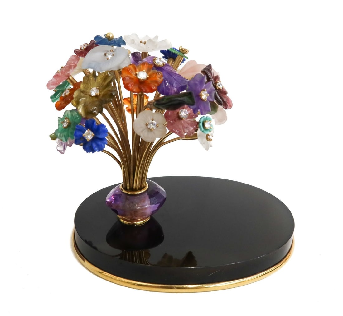 Boucheron 18k Yellow Gold Multi-Gem Diamond Floral Bouquet Miniature Figurine: Boucheron 18k yellow gold multi-gem and diamond floral bouquet miniature figurine. The figurine depicts multi-colored gems gathered in an amethyst vase. Multi-colored gems of flowers including amethys