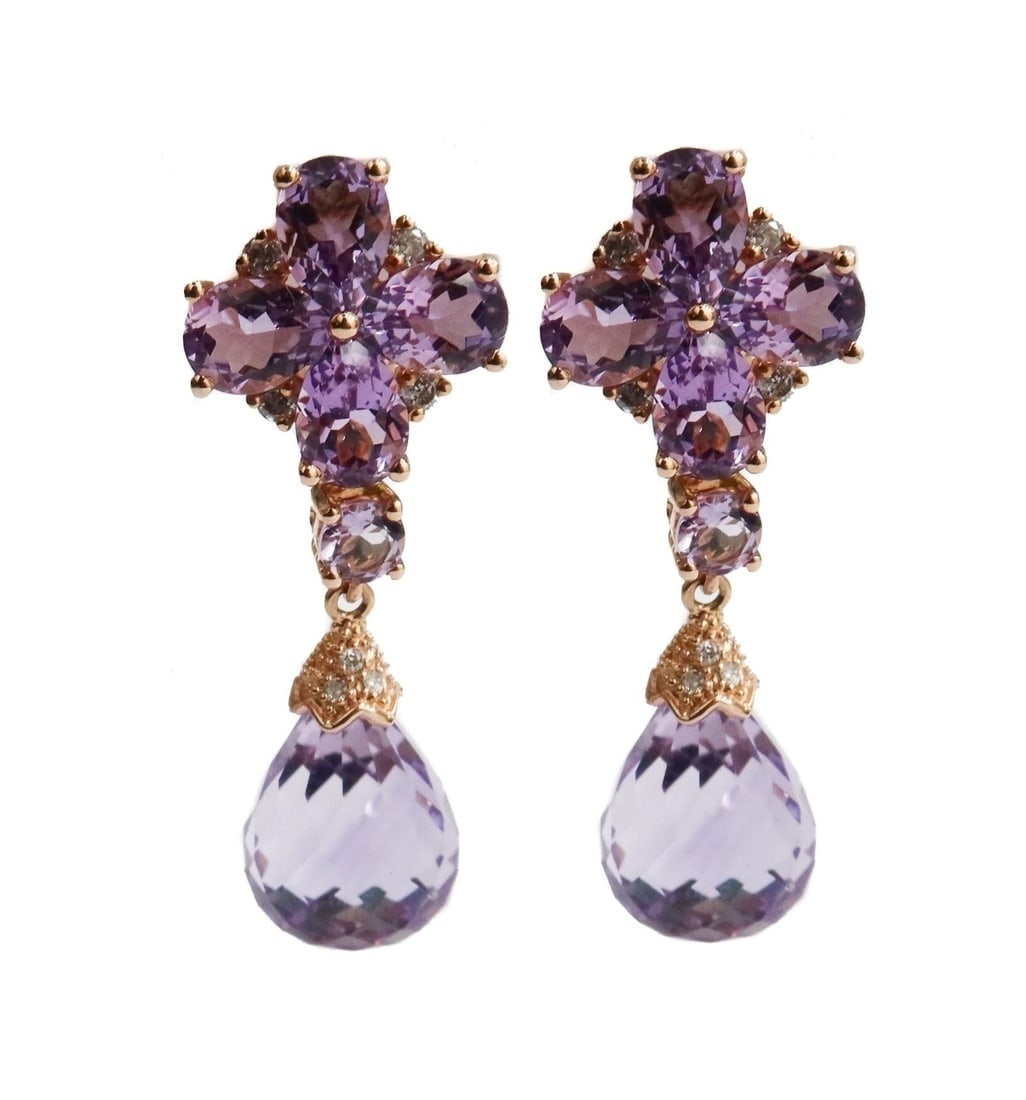 14k Rose Gold Amethyst and Diamond Floral Drop Earrings (1 of 9)