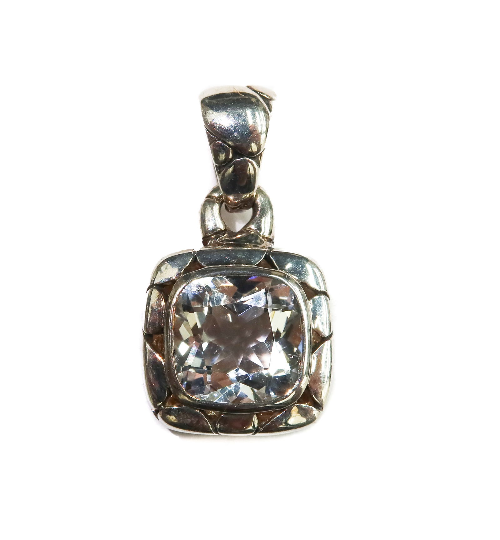 John Hardy 925 Sterling Silver and White Topaz Pendant Enhancer: John Hardy 925 Sterling Silver and White Topaz Pendant Enhancer. Marked John Hardy 925 to back Weight Approx., 6.46 grams Measures Approx., 1 inches x 0.6 inches x 0.4 inches Domestic Shipping:$25