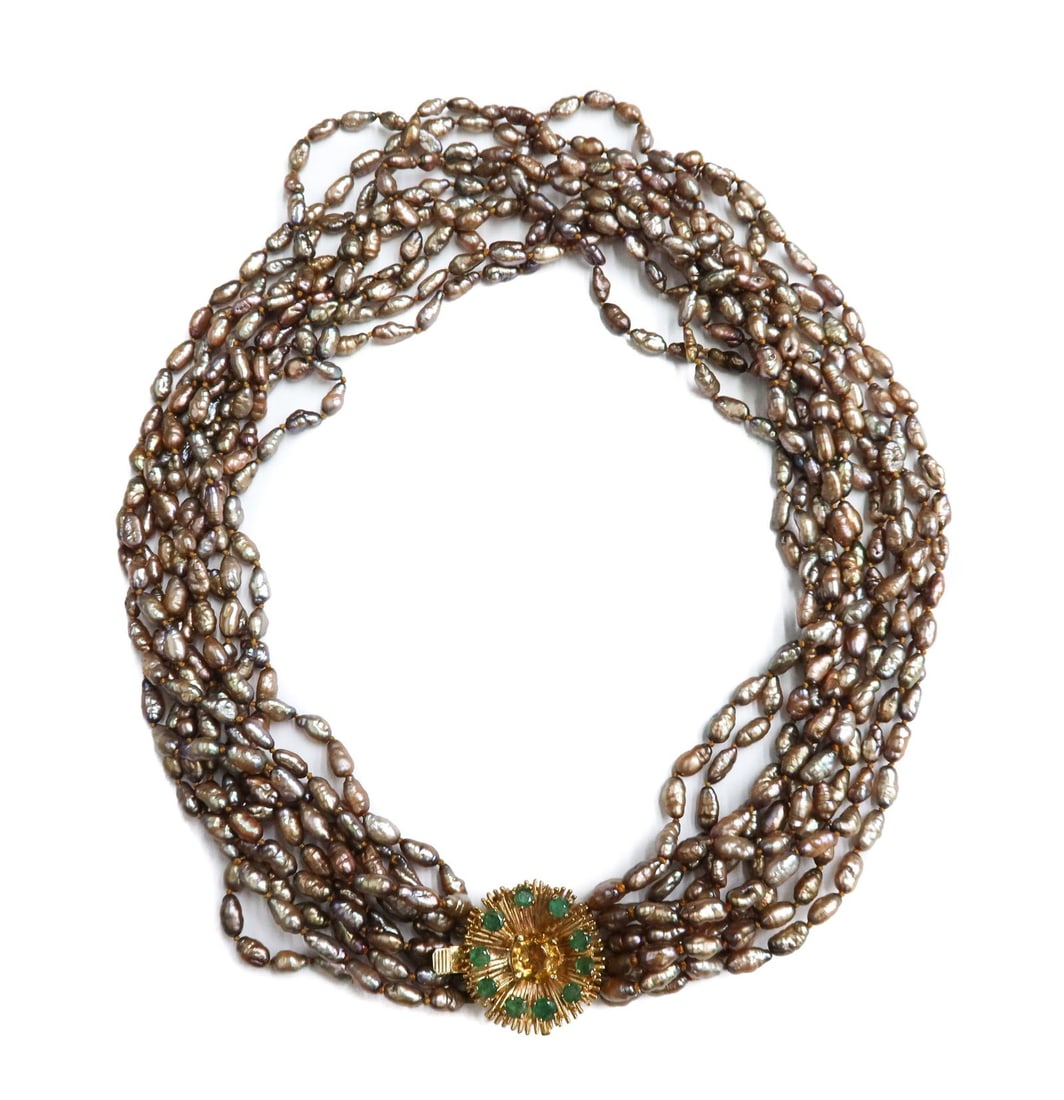 14k Yellow Gold Emerald and Citrine Baroque Pearls Emerald and Citrine 10 Strand Necklace (1 of 7)