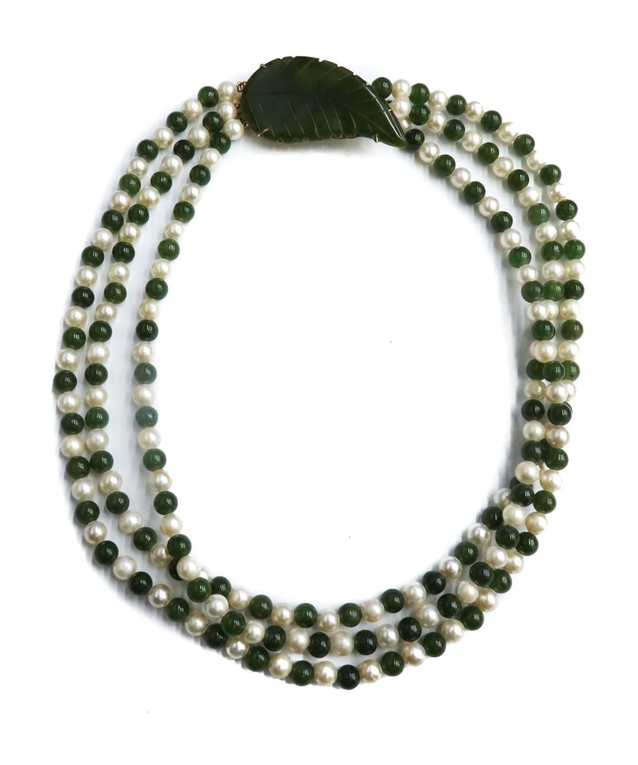 10k Yellow Gold Cultured Pearl and Jade Triple Strand Necklace (1 of 6)