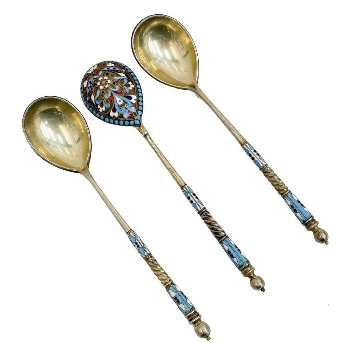 3 Russian Nikolay Alekseyev Moscow 88 Gilt Silver Cloisonne Enamel Spoons c1890 (1 of 5)