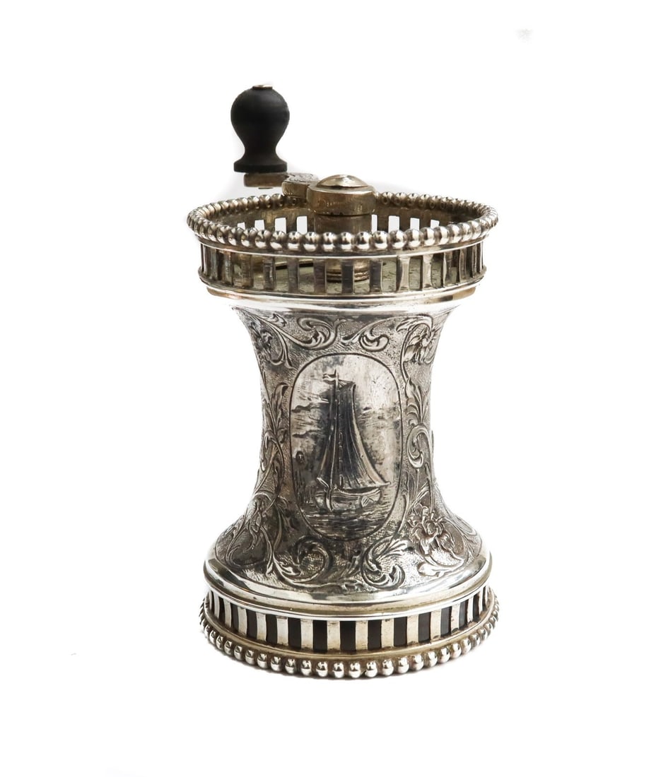 Dutch 830 Silver Pepper Mill Etched Genre Scenes Early 20th Century: Dutch 830 silver pepper Mill Early 20th Century. Various etched genre scenes throughout with foliate scroll designs. Holland 830 silver marks to underside. Unknown maker mark. Weight: Approx. 6 lbs Me