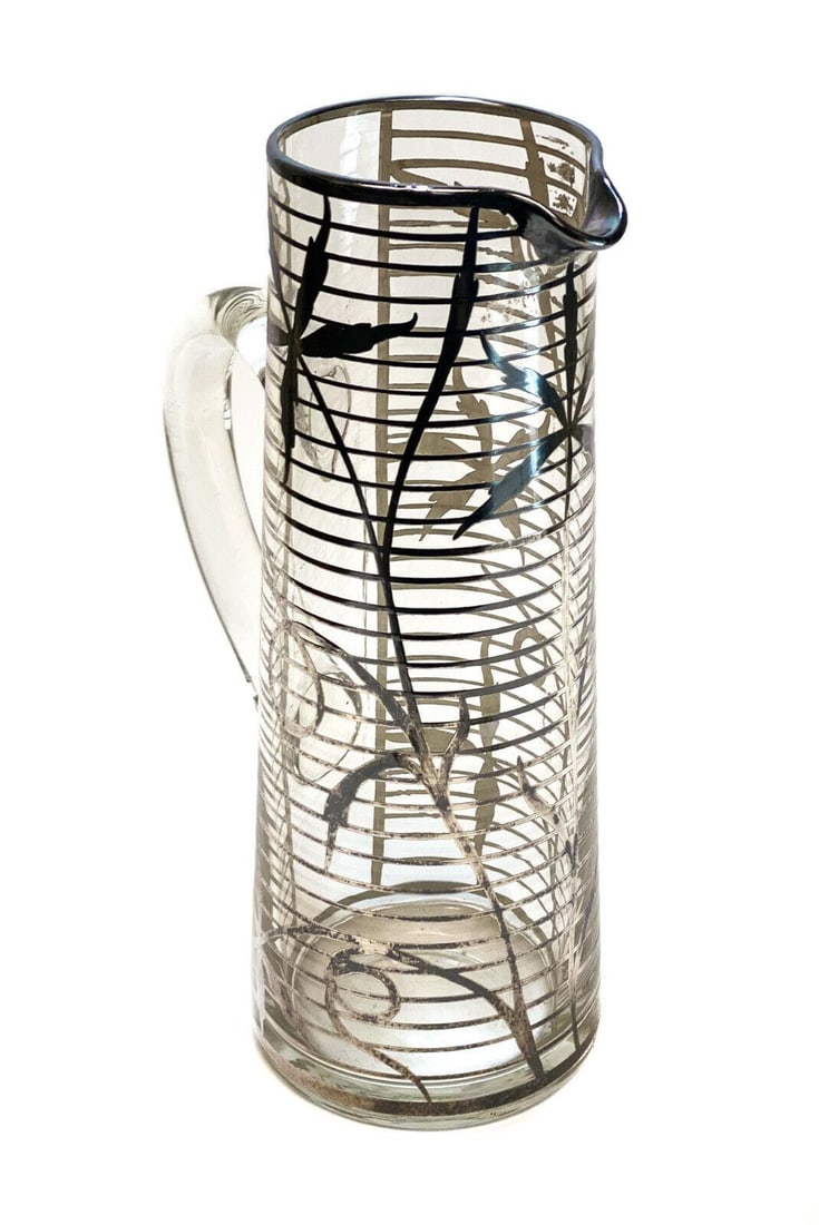 American Silver Overlay Glass Tall Vase, circa 1930. Leaf & Stripe Designs: American silver overlay glass tall vase, circa 1930. Leaf and striped designs throughout. Unmarked. Weight Approx., 1 lb Measures Approx., 4.5 inches diameter x 12.5 inches tall Domestic Shipping: $50