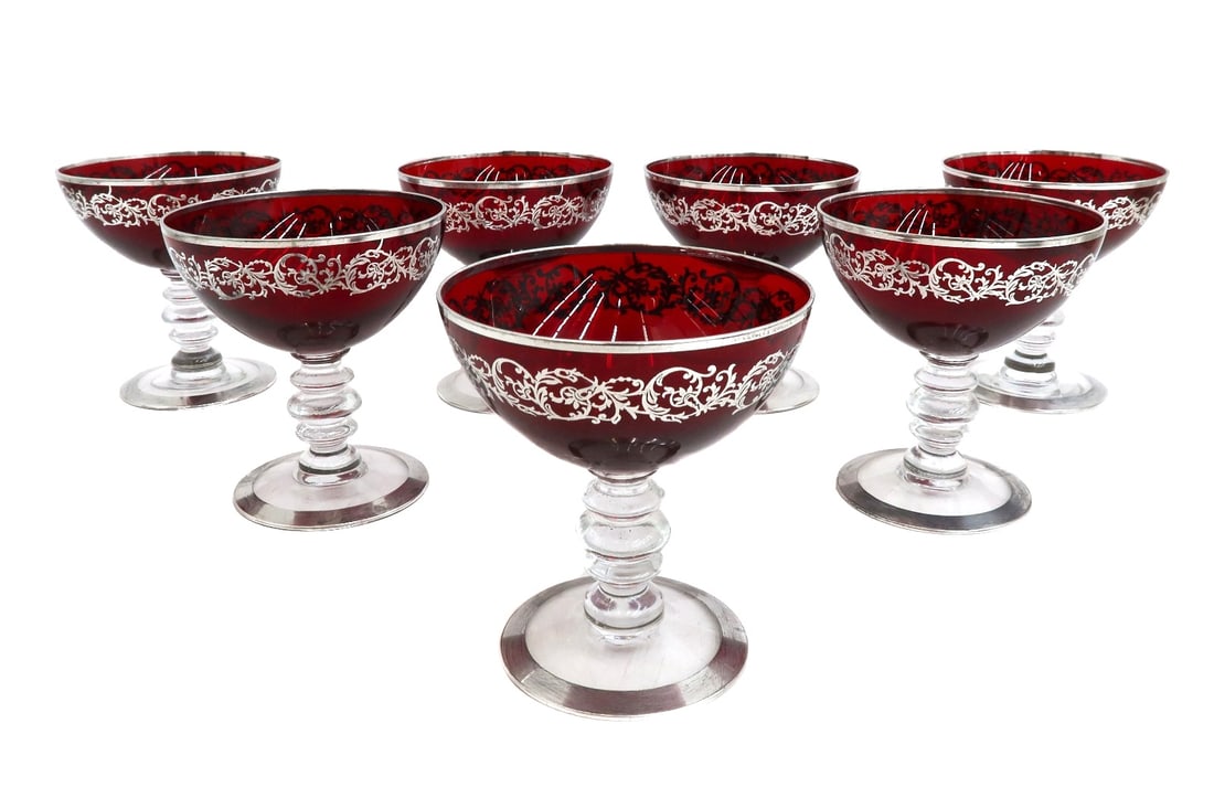 7 Cranberry Red Glass Silver Overlay Wine Goblets (1 of 6)