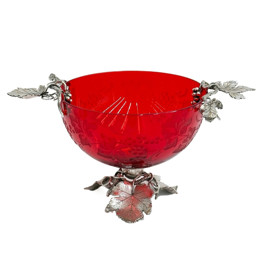 Sacchetti Italian Sterling Silver Mounted Etched Red Glass Bowl: Sacchetti Italian Sterling Silver Mounted Etched Glass Red Bowl. Red glass bowl with etched grapevine decoration. Sterling silver grapevine form mounts. Underside of silver marked Sacchetti 925 with I