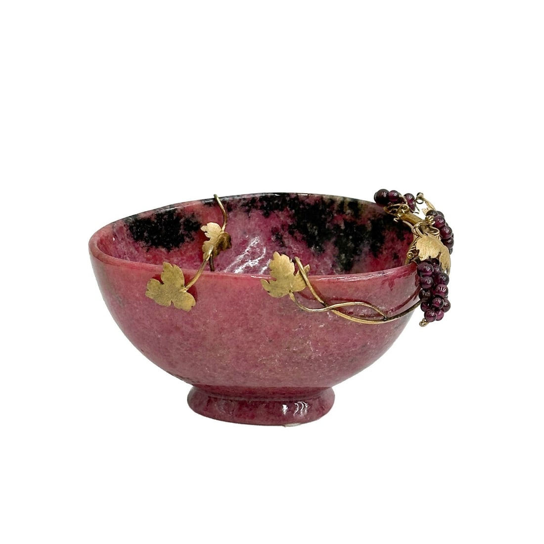 Helmut Wolf Carved Rhodonite Bowl Gilt Sterling Silver Mounts Idar Oberstein: Helmut Wolf Carved Rhodonite Bowl Gilt Sterling Silver Mounts. Carved rhodonite bowl, gilt sterling silver grapevine mounts. Underside signed for Helmut Wolf Weight: Approx. 298g Measurements: approx.