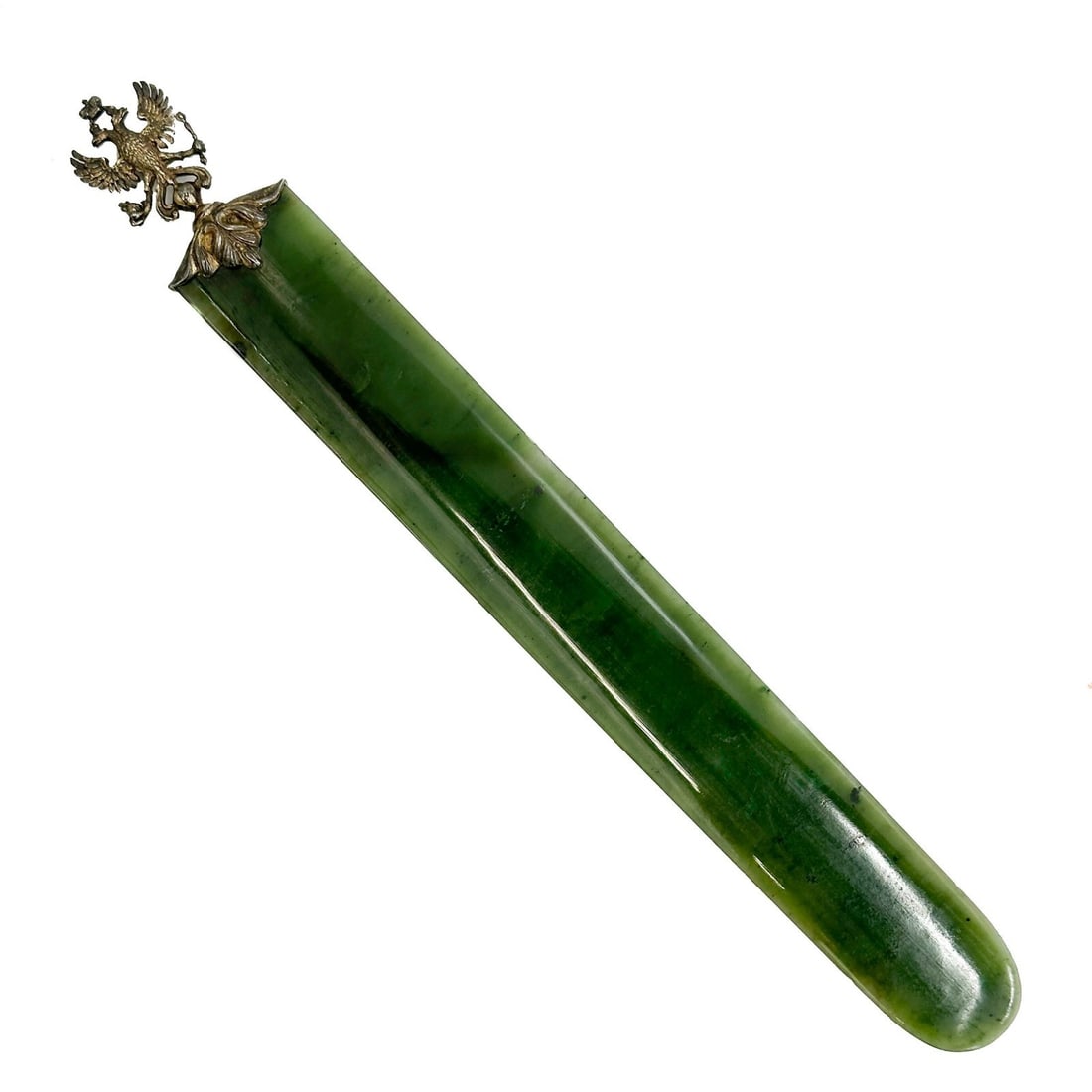 Gilt Silver Mounted Carved Nephrite Jade Letter Opener with Russian Hallmarks: Gilt Silver Mounted Carved Nephrite Jade Letter Opener with Russian Hallmarks. Russian double headed eagle handle bearing Russian hallmarks, a maker mark of HW purportedly for Henrik Wigstrom Weight:
