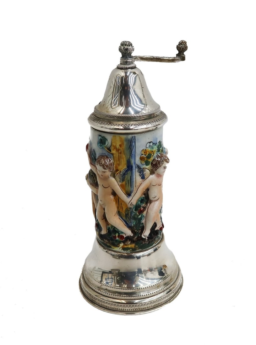 Italian 800 Silver Capodimonte Hand Painted Porcelain Cherub Peppermill: Italian 800 Silver Capodimonte hand painted porcelain peppermill. Hand painted cherubs to the porcelain. Italian 800 silver hallmarks to base. Weight: Approx. 15 ozt weighted total Measurements: Appro