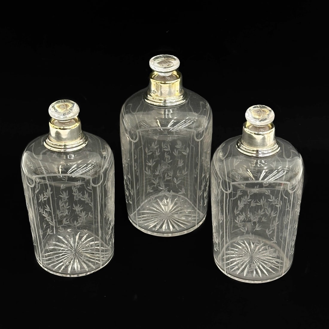 3 Gustave Keller French Silver Mounted Engraved Glass Perfume Bottles c1900 (1 of 7)