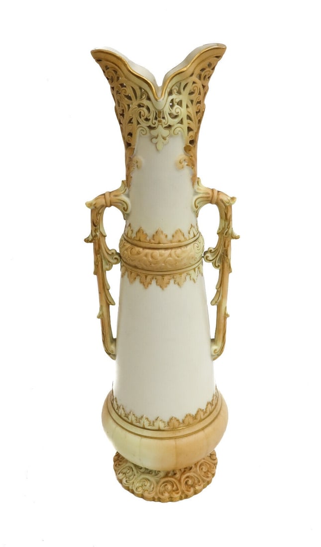 Royal China Works (Grainger of Worcester) Reticulated Twin Handled Vase 1892: Pair Sevres Hand Painted Porcelain Square Lobed Serving Dishes in Directoire. Hand painted florals, bands of cobalt blue to the edge, gilt accents. Underside with painter's mark for Charles-Nicolas Bu