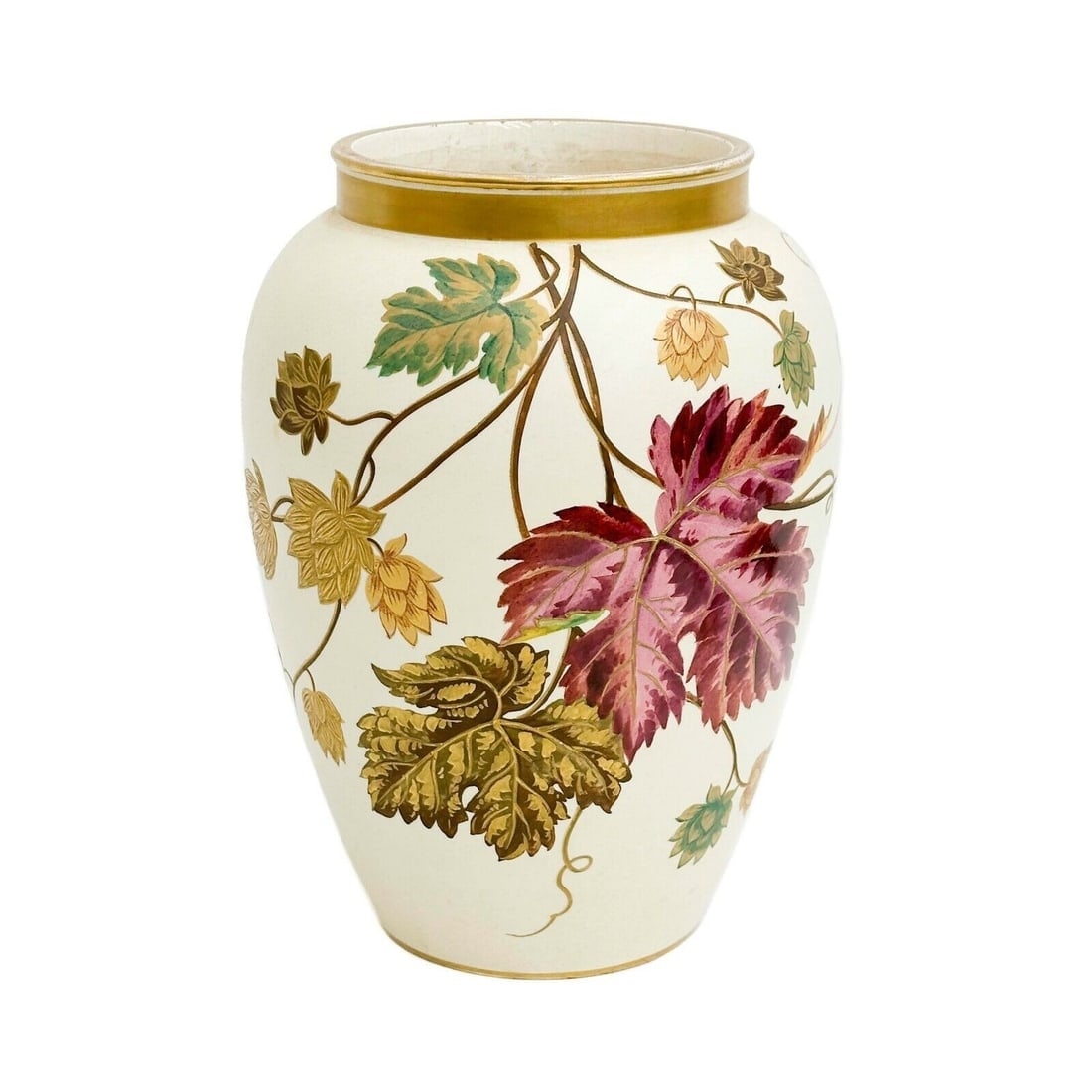 Wedgwood England Ivory Glazed Porcelain Vase Leaves circa 1890: Wedgwood England Ivory Glazed Porcelain Vase, circa 1890. Hand painted leaves to the body, raised gilt decoration. Underside marked Wedgwood with vase mark, impressed Wedgwood. Weight: Approx. 3.5 lbs