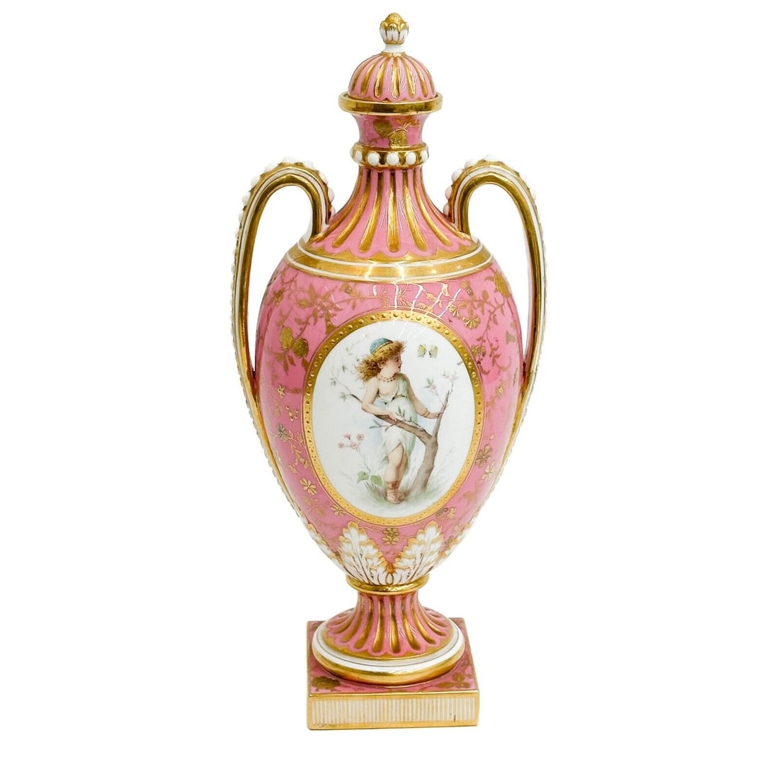 Minton England Hand Painted Pink Porcelain Lidded Urn Vase Boullemier 1894: Minton England Hand Painted Porcelain Urn Vase, 1894. Lidded twin handled vase, gilt accents. A pink ground with gilt accents, hand painted scene with a child to the center, artist signed to the lower