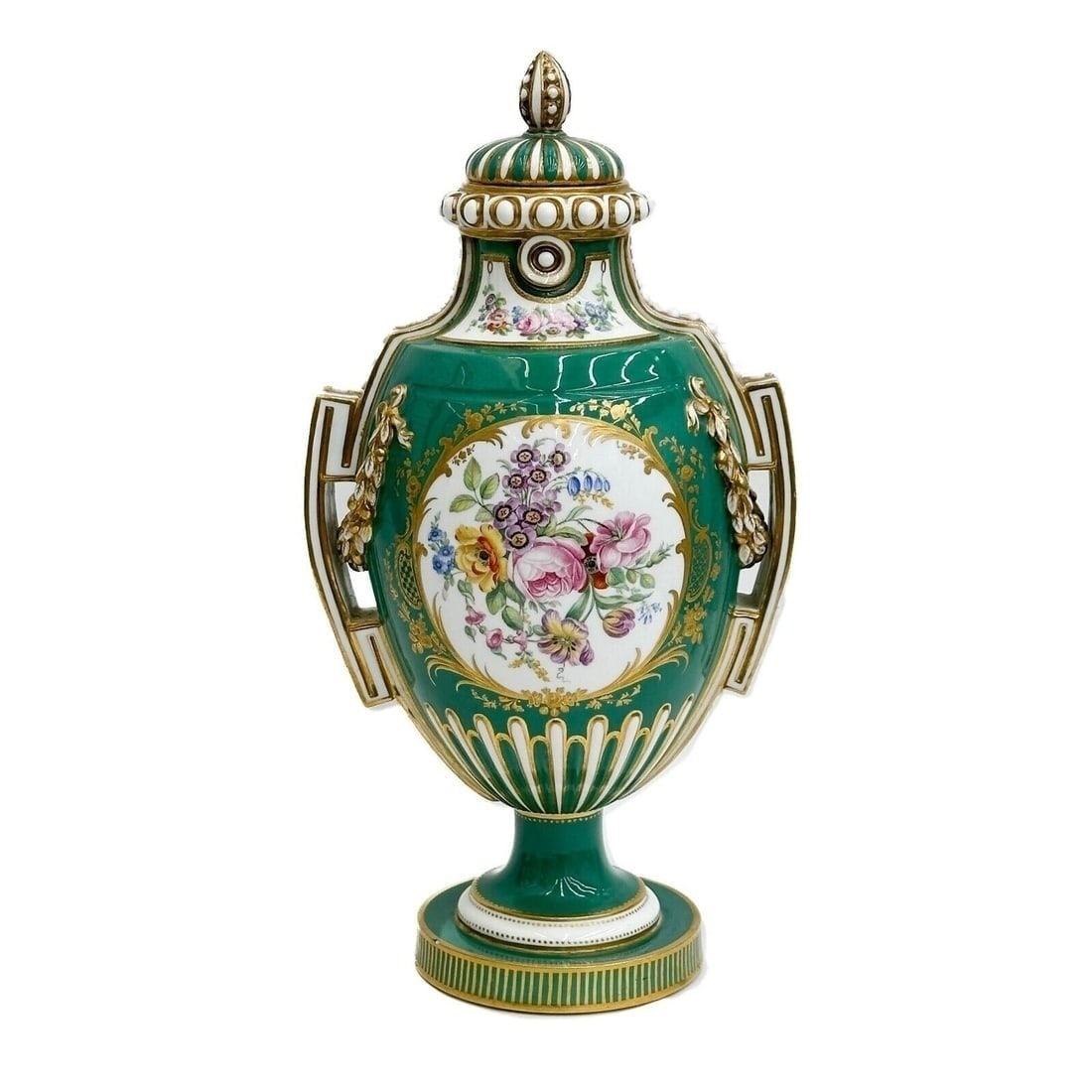Minton Hand Painted Porcelain Lidded Urn Vase a Perles Green c1860: Minton Hand Painted Porcelain Lidded Urn, circa 1860. A green ground, gilt accents, hand painted panels of florals to each side. Underside of vase with faint marks, underside of lid with Minton mark.