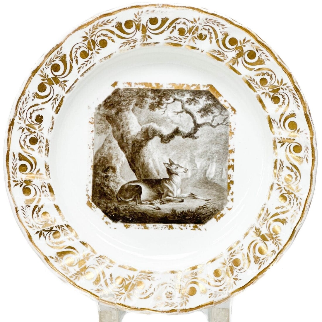 Royal Crown Derby Hand Painted Porcelain Cabinet Plate Grisailles Deer c1800 (1 of 4)