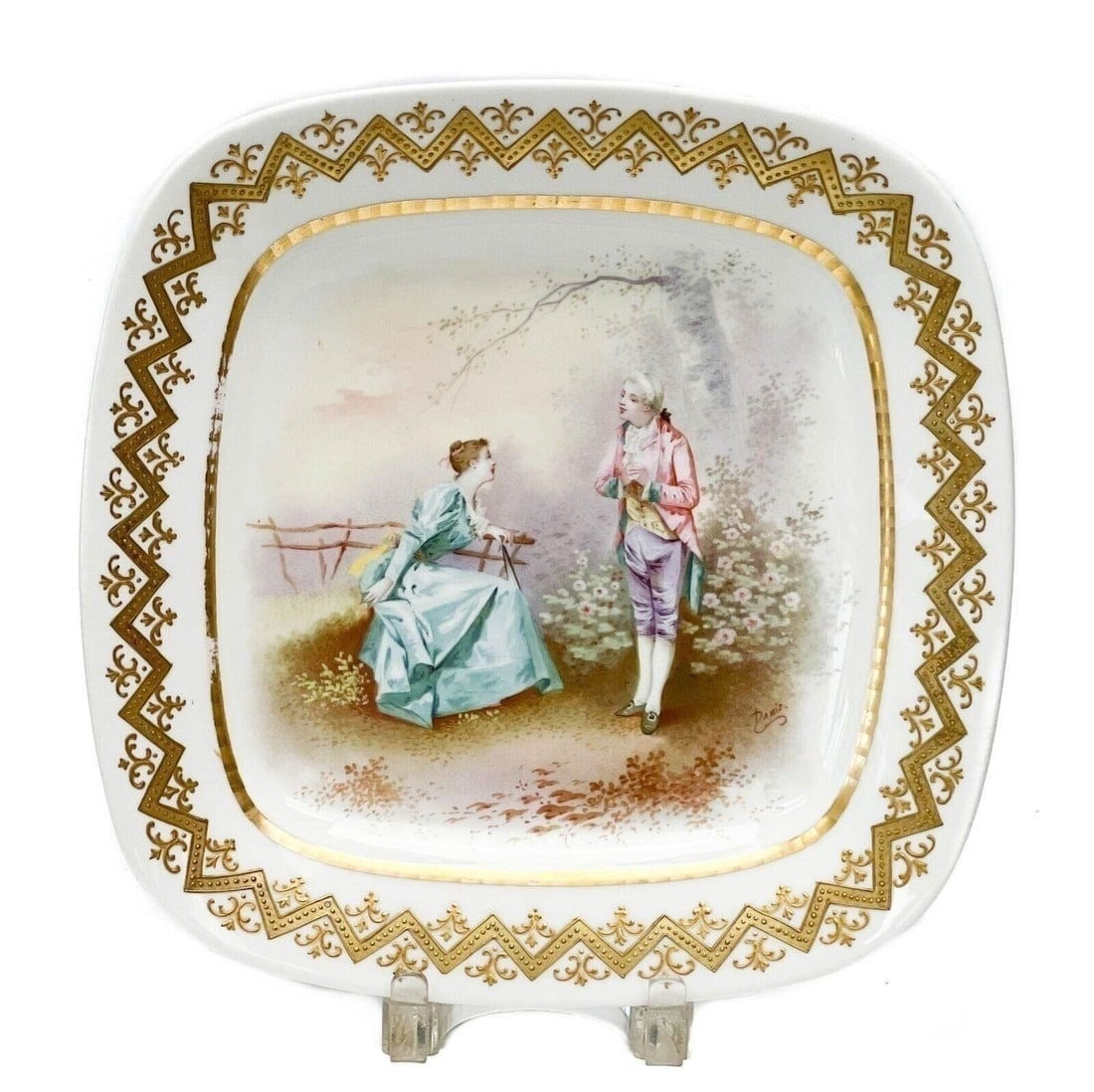 Sevres France Hand Painted Porcelain Square Charger Artist Signed circa 1900: Sevres France hand painted porcelain square charger artist signed, circa 1900. Hand painted courting scene to the center, artist signed "Damis" to the lower edge, raised gilt decoration to the edge. W
