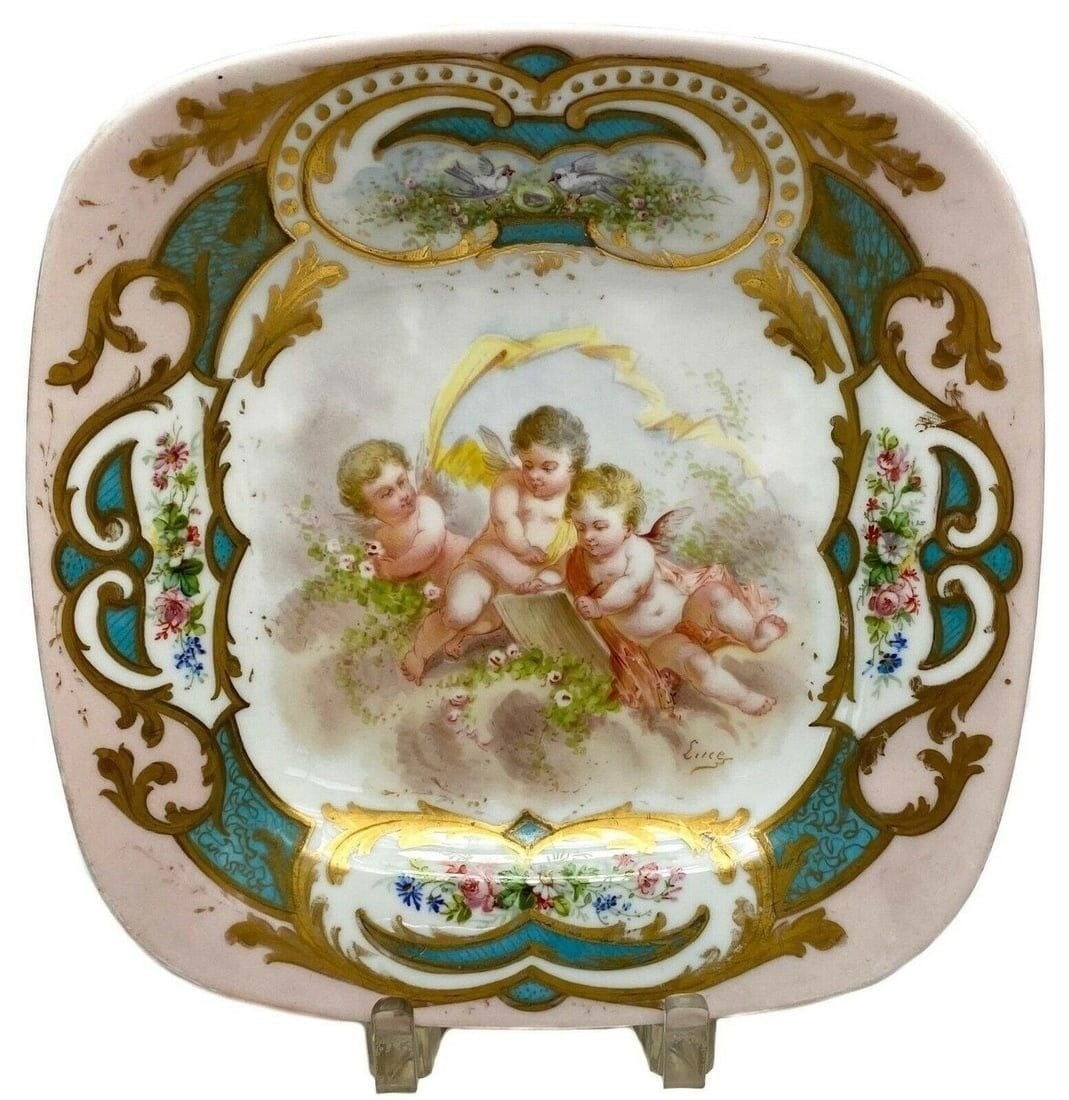 Sevres France Porcelain Hand Painted Square Cherubs Porcelain Dish circa 1910 (1 of 5)